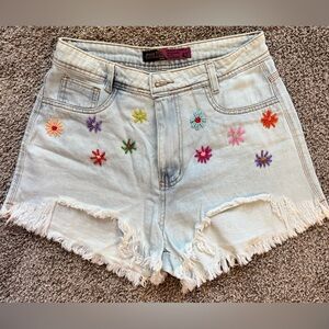 Embroidered Denim Shorts with Frayed Hem